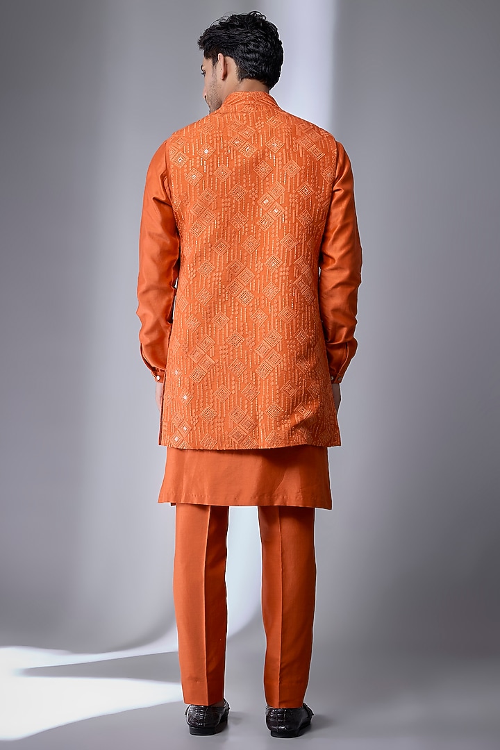 Rust Dola Silk Embellished Wedding Indowestern Set by SALIL BHATIA at Pernia's Pop Up Shop