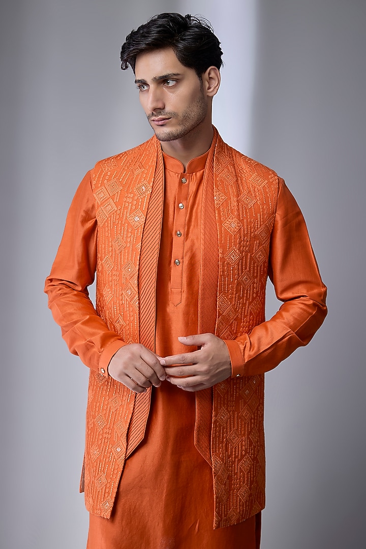 Rust Dola Silk Embellished Wedding Indowestern Set by SALIL BHATIA at Pernia's Pop Up Shop
