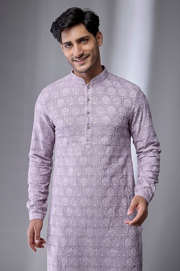 Lavender Dola Silk Embellished Kurta Set by SALIL BHATIA at Pernia's Pop Up Shop