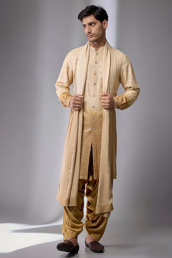 Champagne & God Ombre Dola Silk Embellished Kurta Set by SALIL BHATIA at Pernia's Pop Up Shop