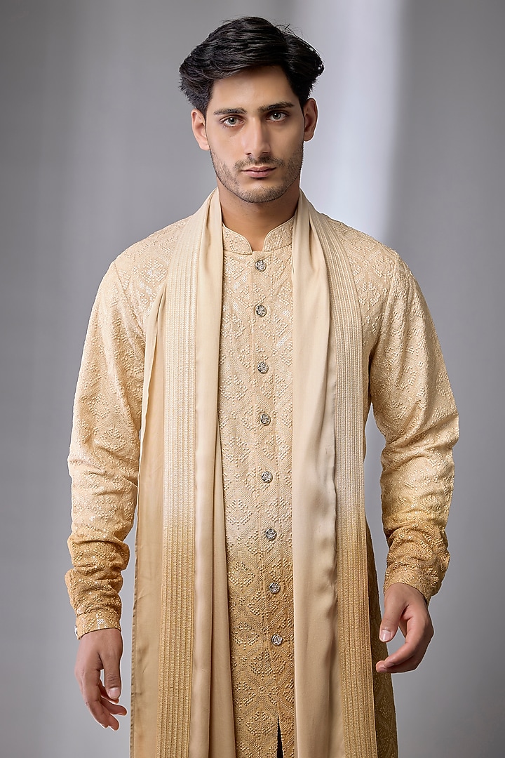 Champagne & God Ombre Dola Silk Embellished Kurta Set by SALIL BHATIA at Pernia's Pop Up Shop
