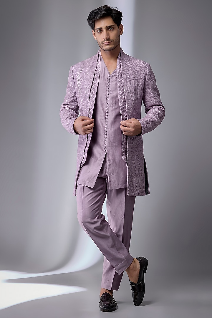 Lavender Dola Silk Embellished Wedding Indowestern Set by SALIL BHATIA at Pernia's Pop Up Shop