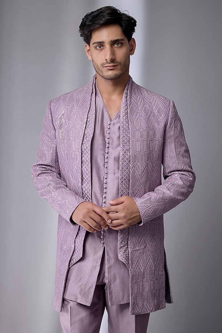 Lavender Dola Silk Embellished Wedding Indowestern Set by SALIL BHATIA at Pernia's Pop Up Shop