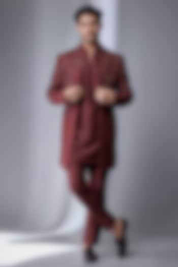 Wine Dola Silk Embroidered Groom Indowestern Set by SALIL BHATIA at Pernia's Pop Up Shop
