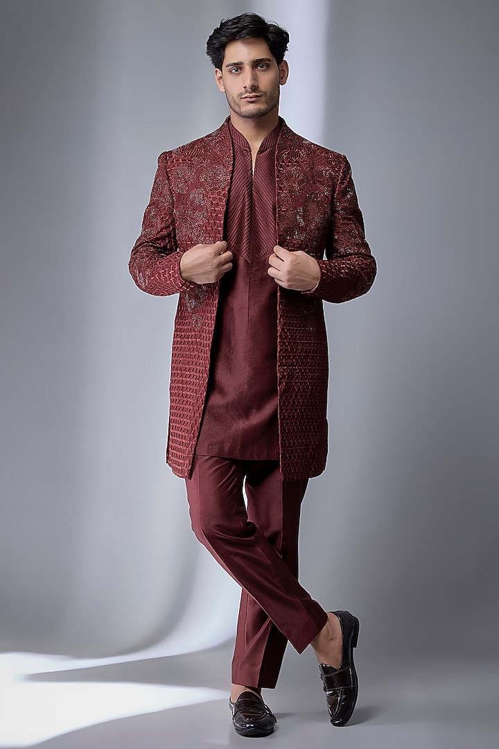 Wine Dola Silk Embroidered Groom Indowestern Set by SALIL BHATIA at Pernia's Pop Up Shop