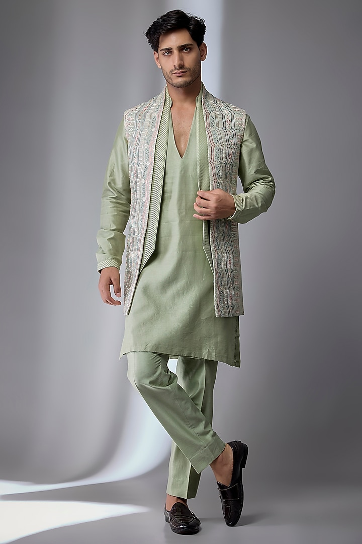Sage Green Art Silk Embellished Wedding Indowestern Set by SALIL BHATIA at Pernia's Pop Up Shop