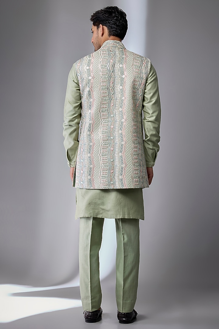 Sage Green Art Silk Embellished Wedding Indowestern Set by SALIL BHATIA at Pernia's Pop Up Shop
