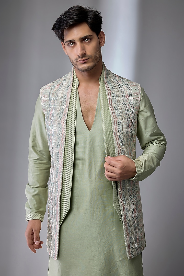 Sage Green Art Silk Embellished Wedding Indowestern Set by SALIL BHATIA at Pernia's Pop Up Shop