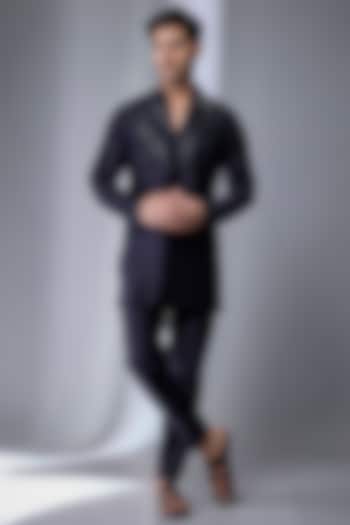 Dark Blue Silk Chanderi Hand Embroidered Kurta Set by SALIL BHATIA at Pernia's Pop Up Shop