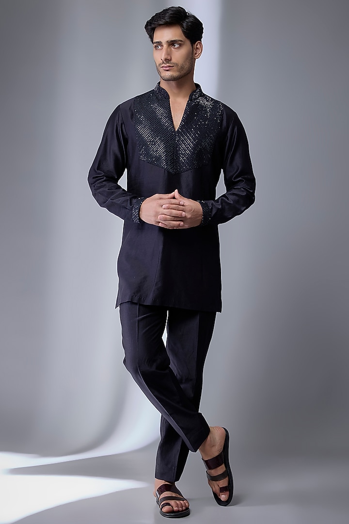 Dark Blue Silk Chanderi Hand Embroidered Kurta Set by SALIL BHATIA at Pernia's Pop Up Shop