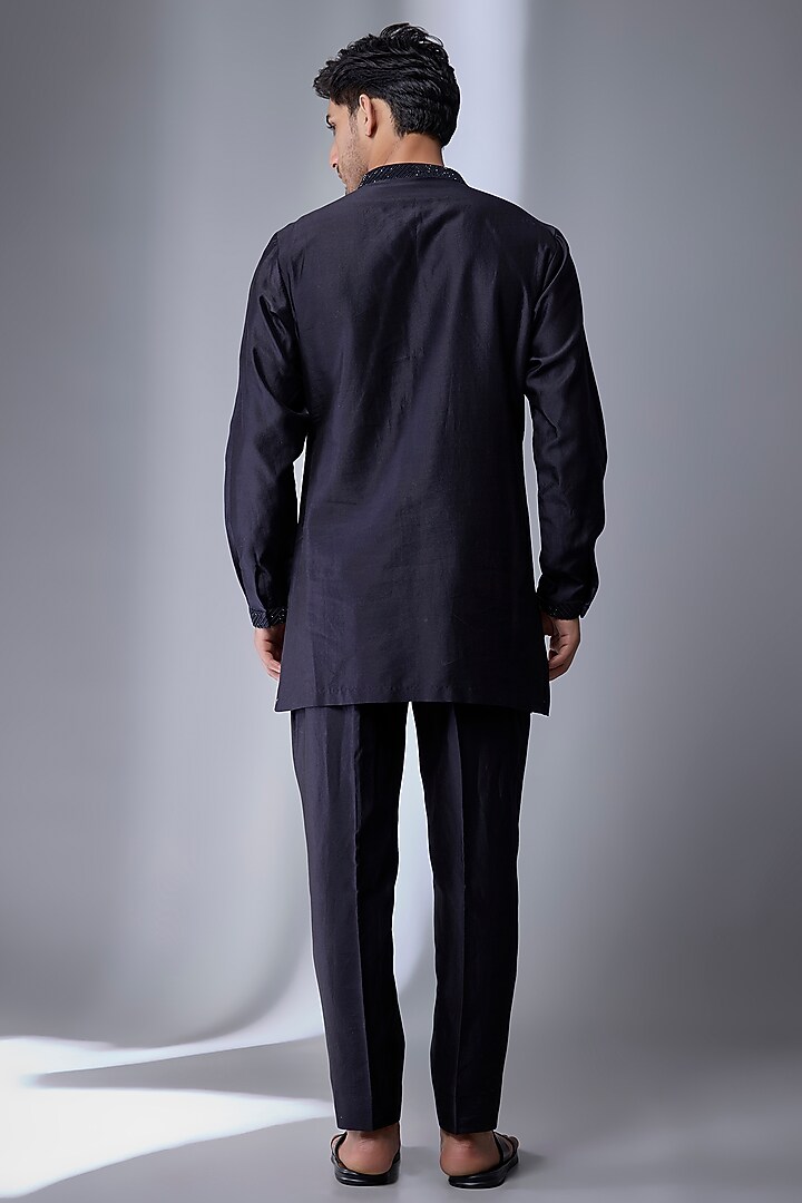 Dark Blue Silk Chanderi Hand Embroidered Kurta Set by SALIL BHATIA at Pernia's Pop Up Shop