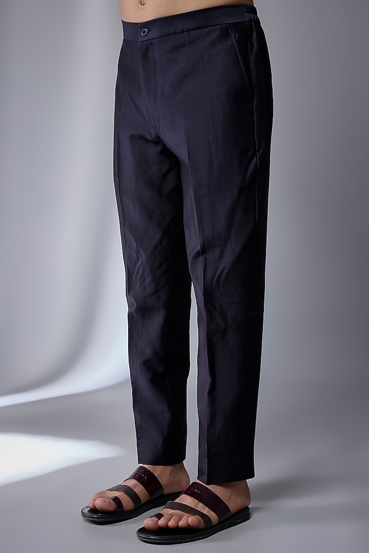 Dark Blue Silk Chanderi Hand Embroidered Kurta Set by SALIL BHATIA at Pernia's Pop Up Shop