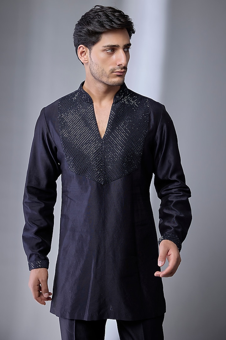 Dark Blue Silk Chanderi Hand Embroidered Kurta Set by SALIL BHATIA at Pernia's Pop Up Shop