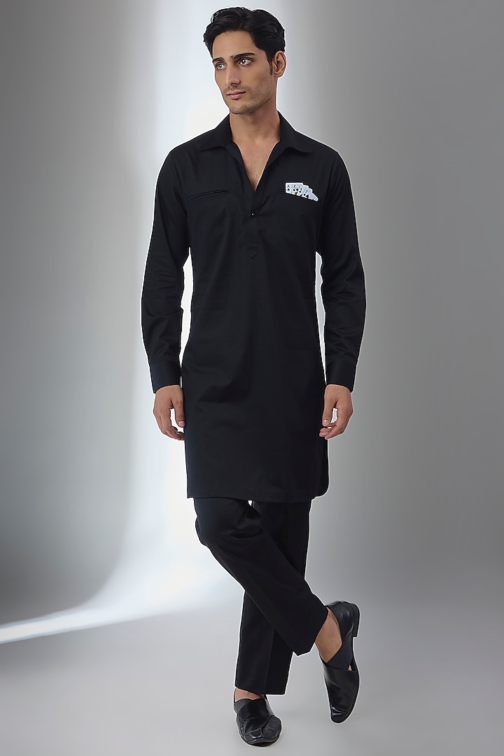 Black Pure Giza Cotton Pathani Kurta Set by SALIL BHATIA at Pernia's Pop Up Shop