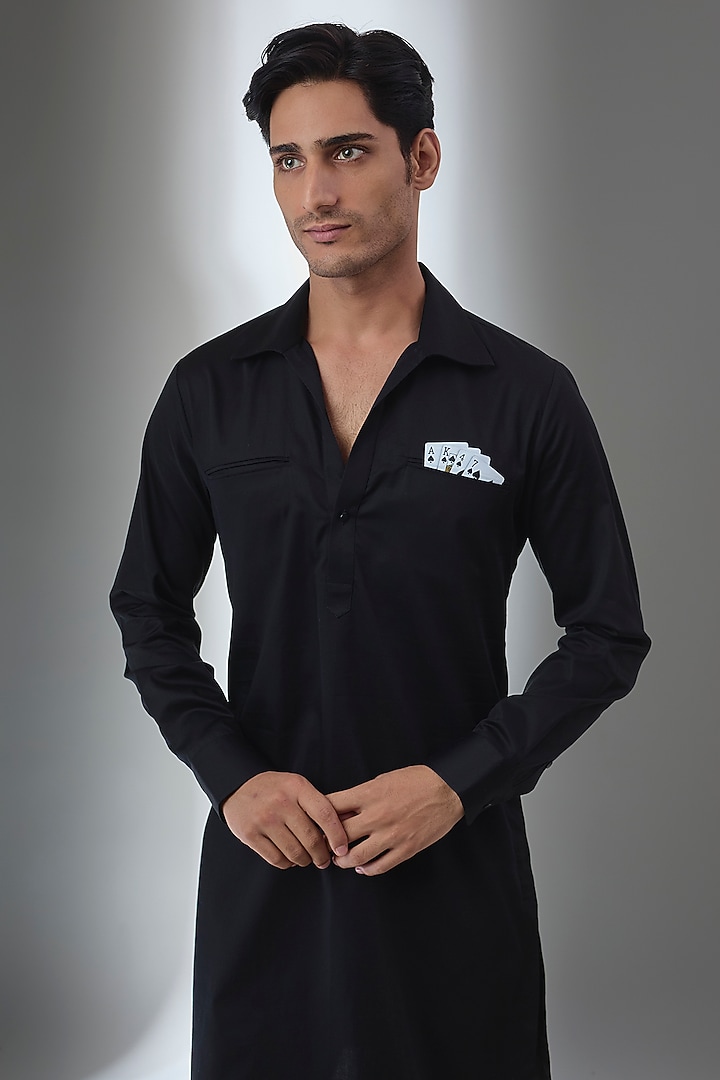 Black Pure Giza Cotton Pathani Kurta Set by SALIL BHATIA at Pernia's Pop Up Shop