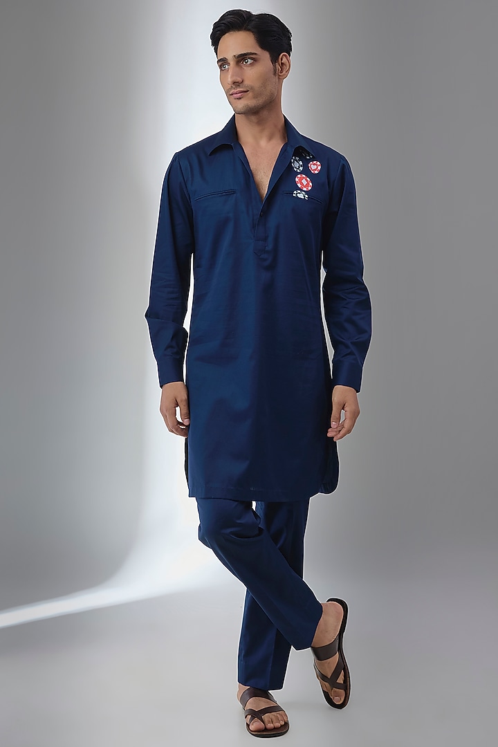 Navy Blue Pure Giza Cotton Pathani Kurta Set by SALIL BHATIA at Pernia's Pop Up Shop