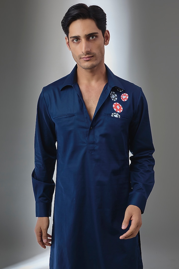 Navy Blue Pure Giza Cotton Pathani Kurta Set by SALIL BHATIA at Pernia's Pop Up Shop