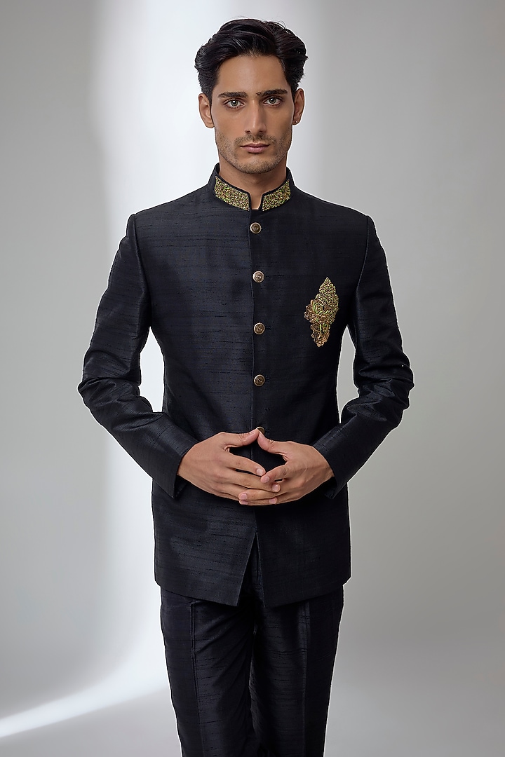 Black Raw Silk Zardosi Embroidered Wedding Bandhgala by SALIL BHATIA at Pernia's Pop Up Shop
