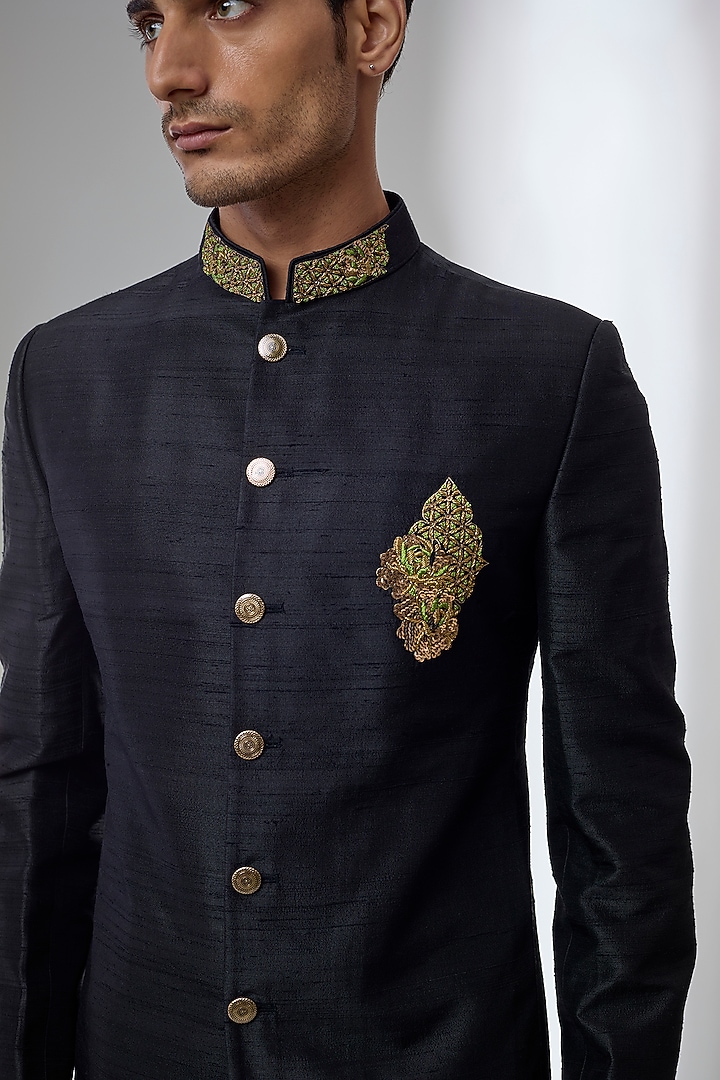 Black Raw Silk Zardosi Embroidered Wedding Bandhgala by SALIL BHATIA at Pernia's Pop Up Shop