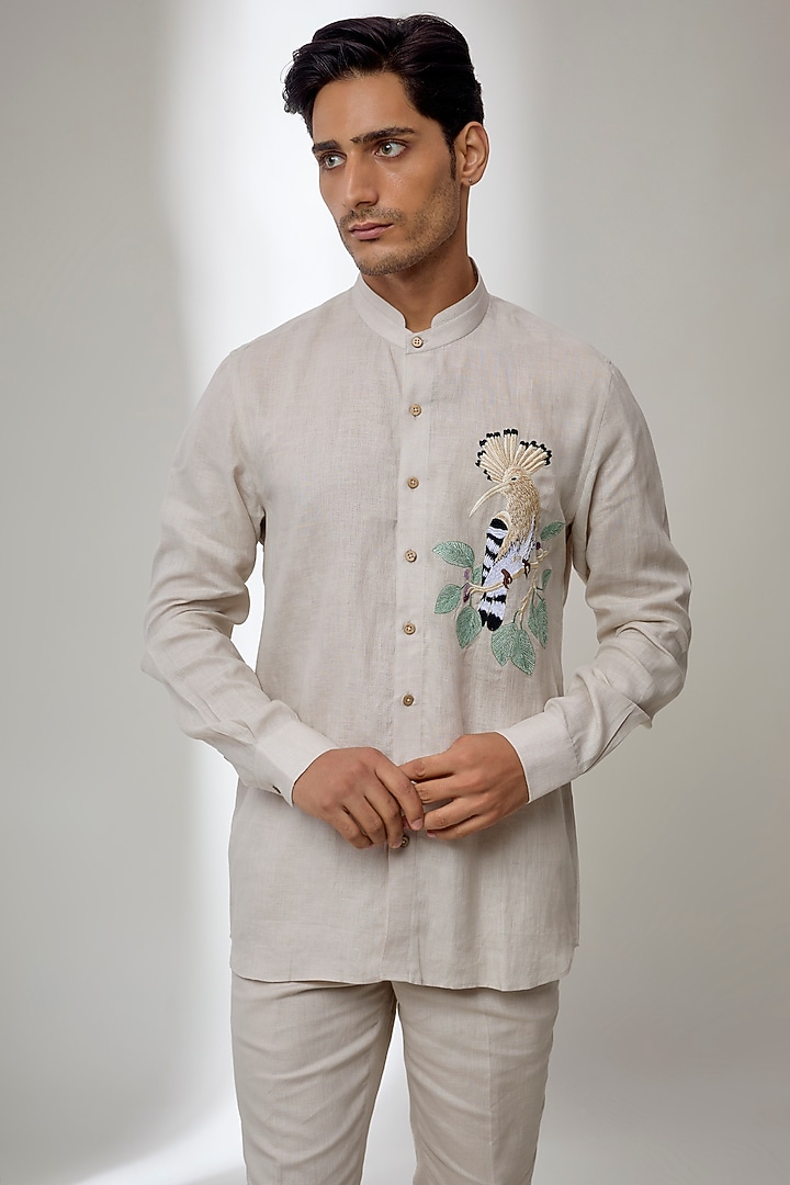 Beige Pure Linen Embroidered Co-Ord Set by SALIL BHATIA at Pernia's Pop Up Shop
