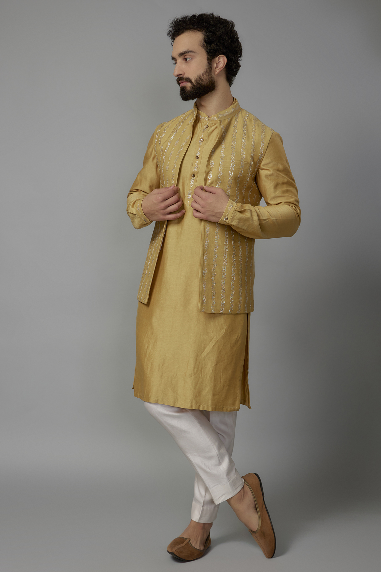 Mustard Yellow Silk Chanderi Sequins Embroidered Indo-western Set by SALIL BHATIA