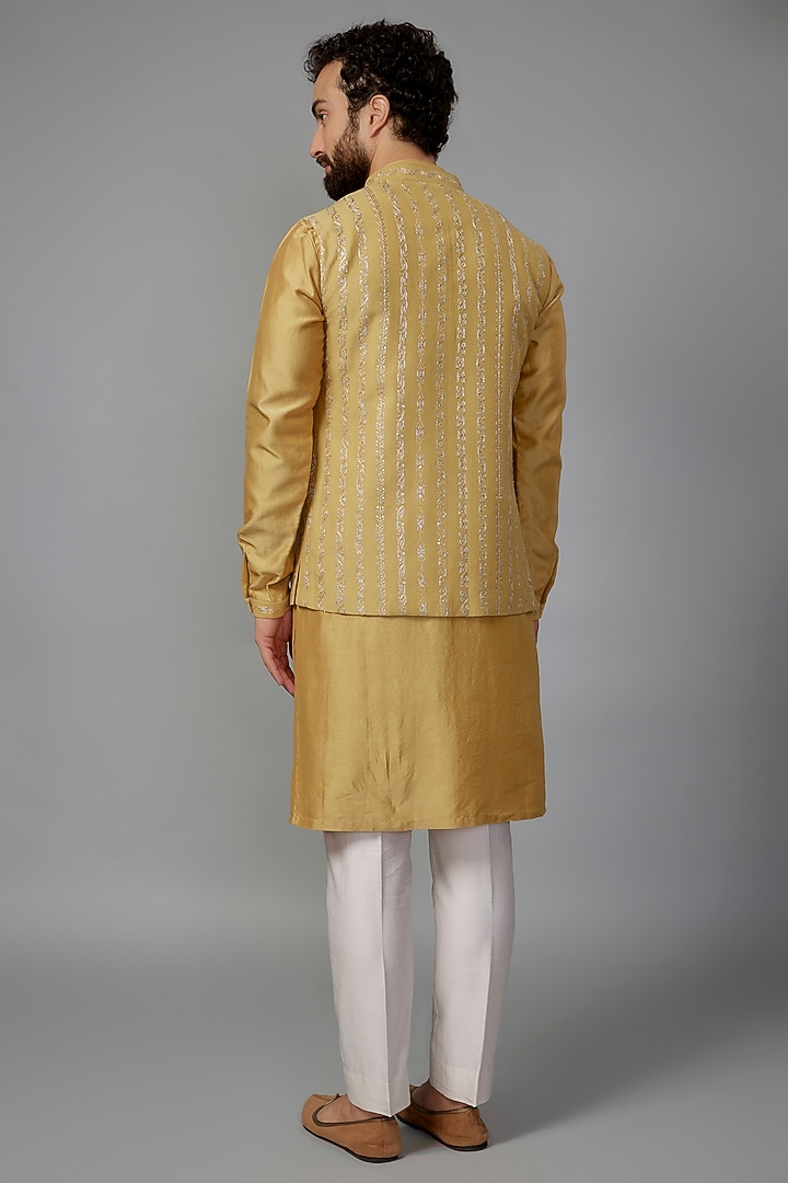Mustard Yellow Silk Chanderi Sequins Embroidered Indo-western Set by SALIL BHATIA at Pernia's Pop Up Shop