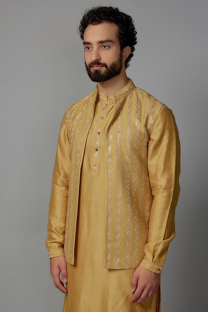 Mustard Yellow Silk Chanderi Sequins Embroidered Indo-western Set by SALIL BHATIA at Pernia's Pop Up Shop