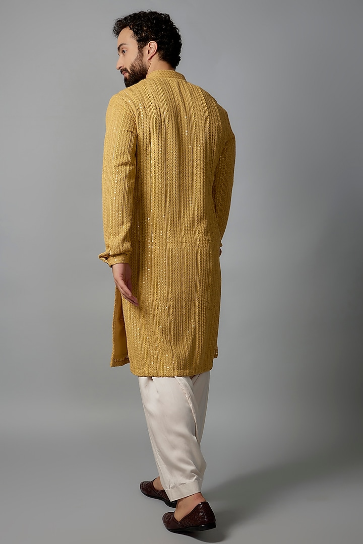 Amber Yellow Georgette Sequins Embellished Kurta Set by SALIL BHATIA at Pernia's Pop Up Shop