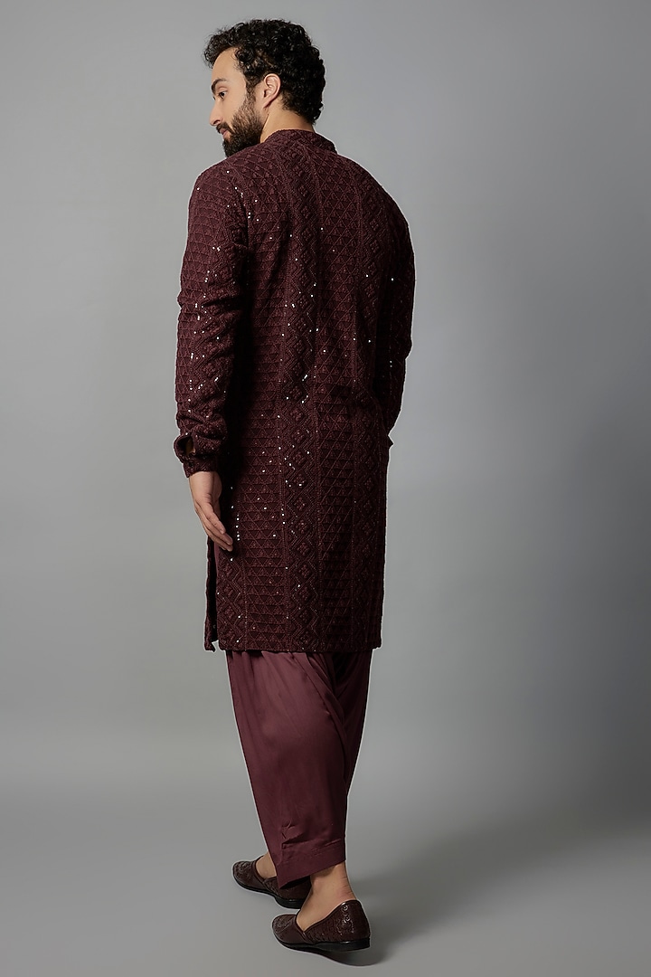 Wine Georgette Sequins Embellished Kurta Set by SALIL BHATIA at Pernia's Pop Up Shop