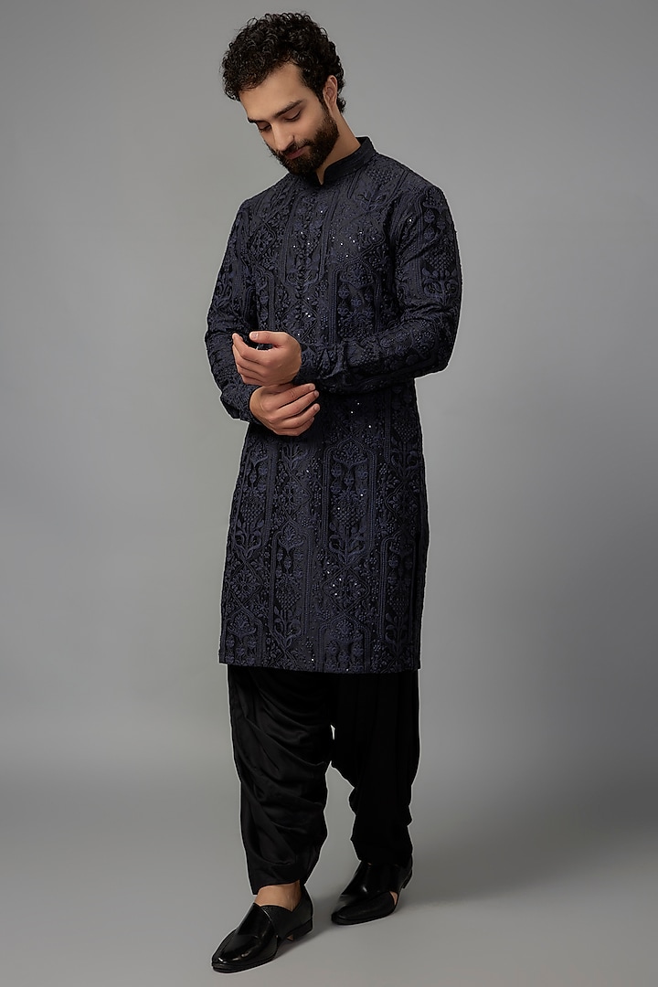 Navy Blue Silk Chanderi Sequins Embellished Kurta Set by SALIL BHATIA