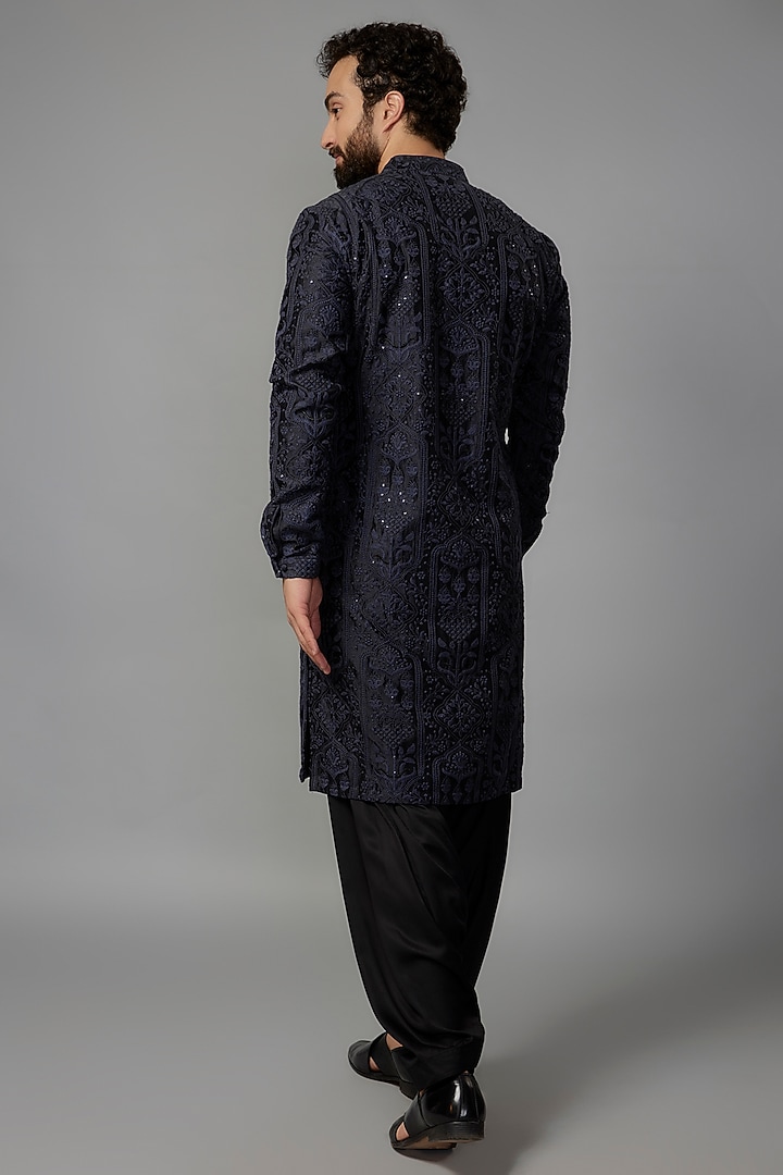 Navy Blue Silk Chanderi Sequins Embellished Kurta Set by SALIL BHATIA at Pernia's Pop Up Shop