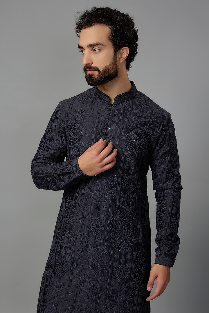 Navy Blue Silk Chanderi Sequins Embellished Kurta Set by SALIL BHATIA at Pernia's Pop Up Shop