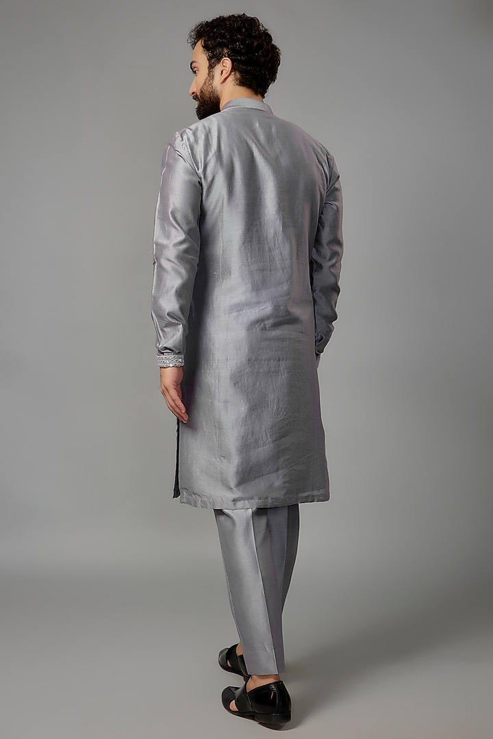 Glacier Grey Silk Chanderi Sequins Work Kurta Set by SALIL BHATIA at Pernia's Pop Up Shop