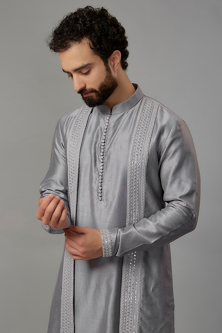 Glacier Grey Silk Chanderi Sequins Work Kurta Set by SALIL BHATIA at Pernia's Pop Up Shop