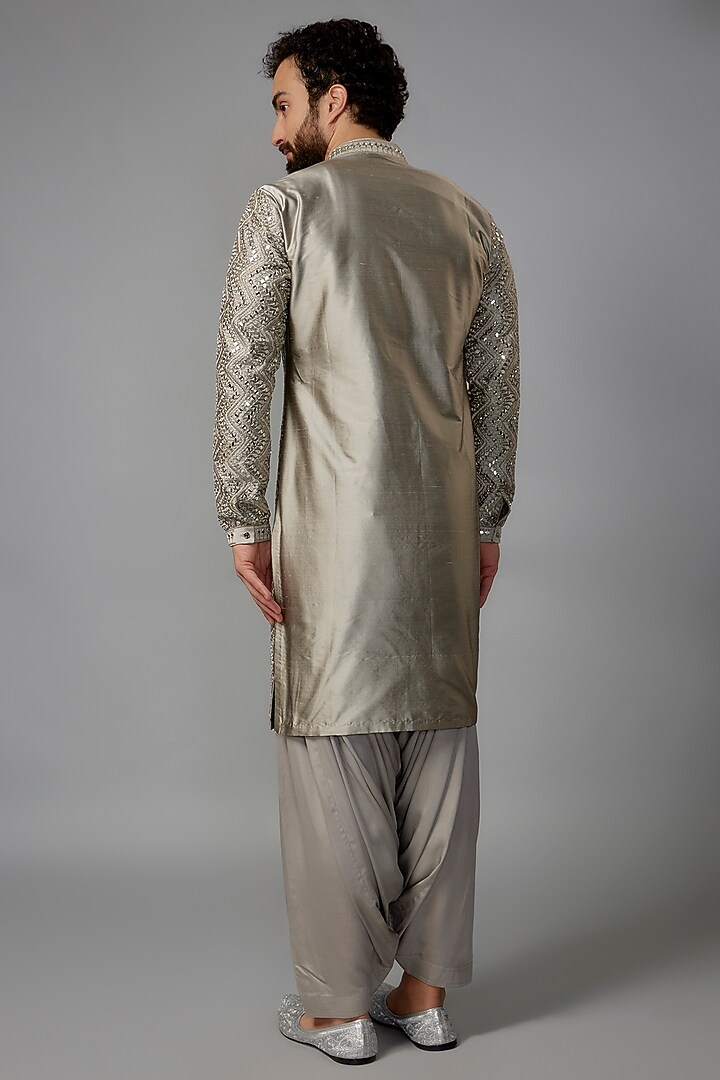 Greyish Green Silk Mirror Work Kurta Set by SALIL BHATIA at Pernia's Pop Up Shop