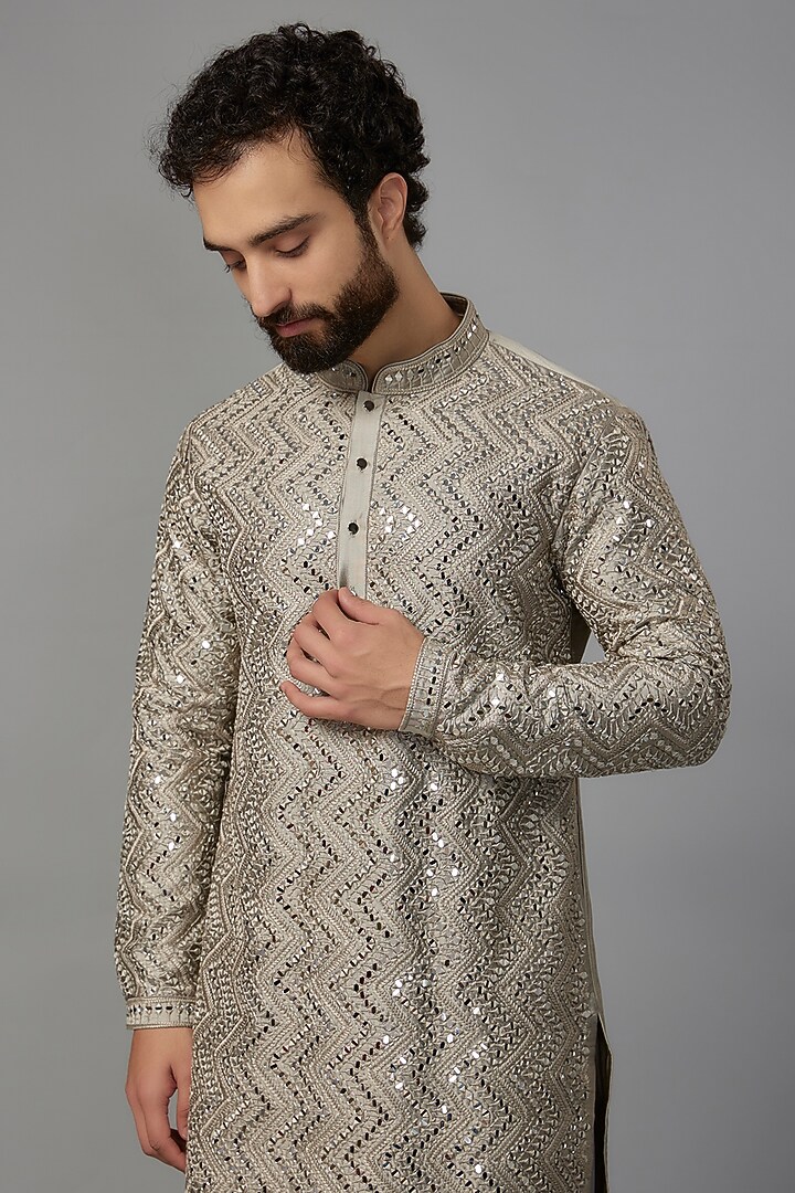 Greyish Green Silk Mirror Work Kurta Set by SALIL BHATIA at Pernia's Pop Up Shop