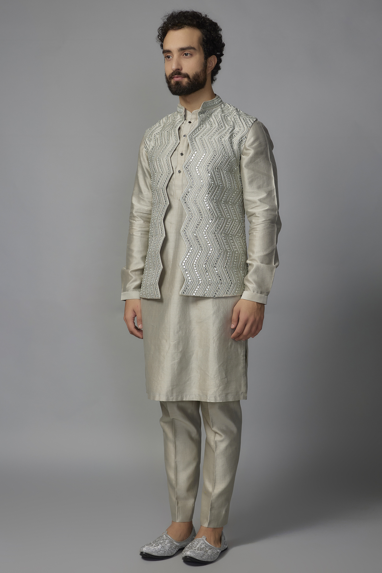 Greyish Green Silk Mirror Work Nehru Jacket Set by SALIL BHATIA
