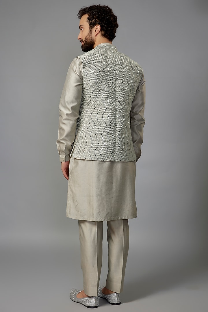 Greyish Green Silk Mirror Work Nehru Jacket Set by SALIL BHATIA at Pernia's Pop Up Shop