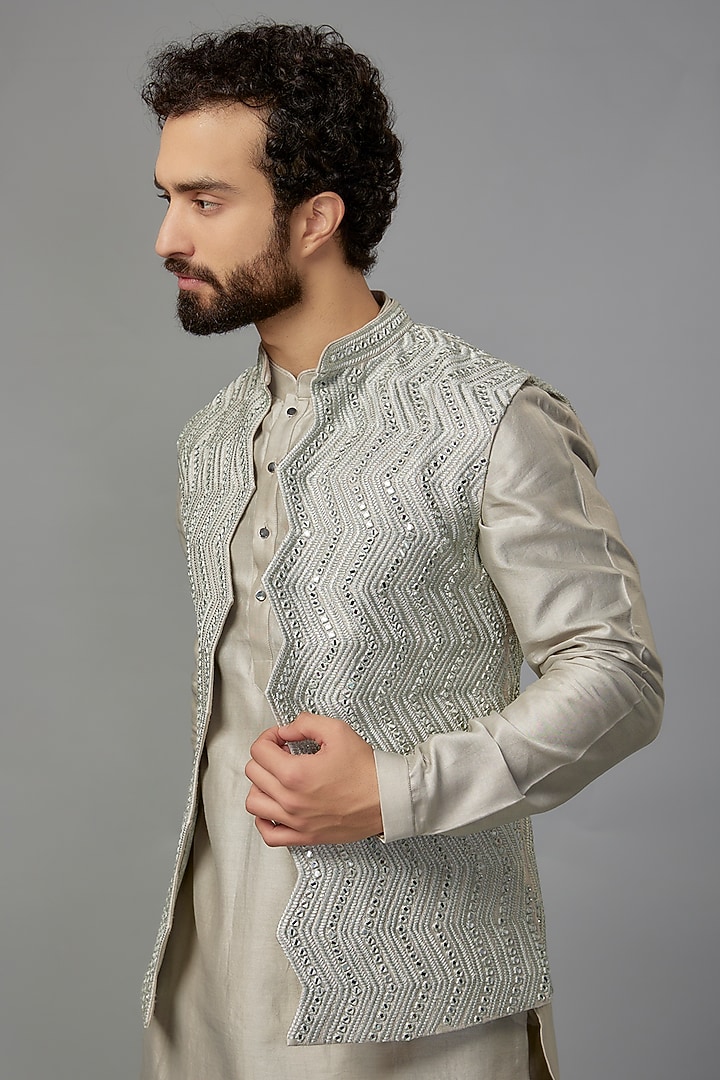 Greyish Green Silk Mirror Work Nehru Jacket Set by SALIL BHATIA at Pernia's Pop Up Shop