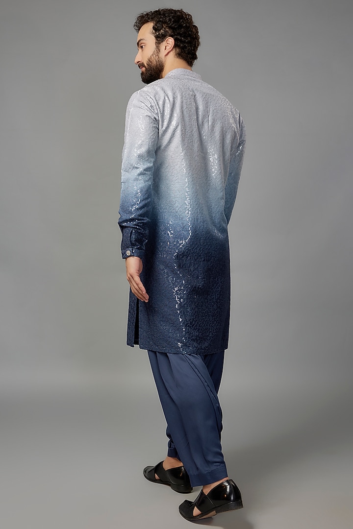Blue Dola Silk Sequinned Ombre Kurta Set by SALIL BHATIA at Pernia's Pop Up Shop