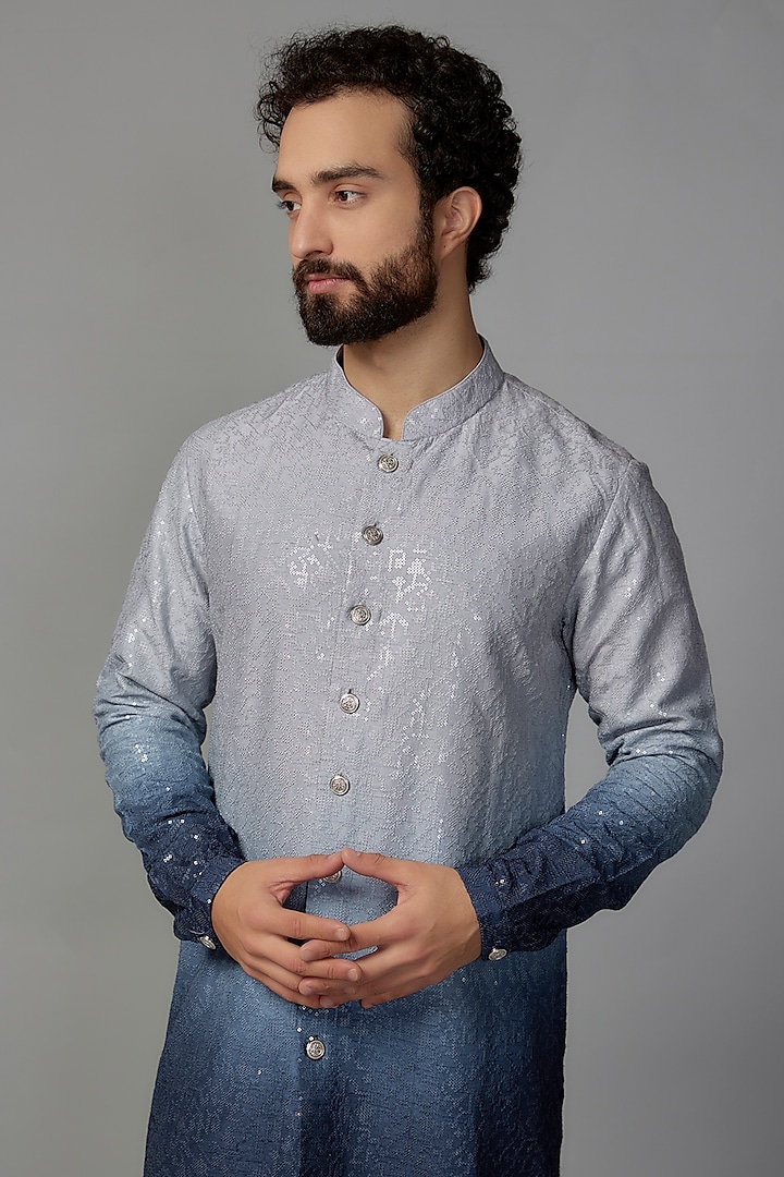 Blue Dola Silk Sequinned Ombre Kurta Set by SALIL BHATIA at Pernia's Pop Up Shop