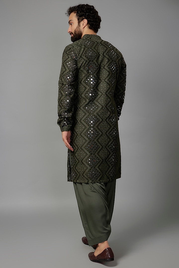 Mehendi Green Dola Silk Mirror Work Kurta Set by SALIL BHATIA at Pernia's Pop Up Shop