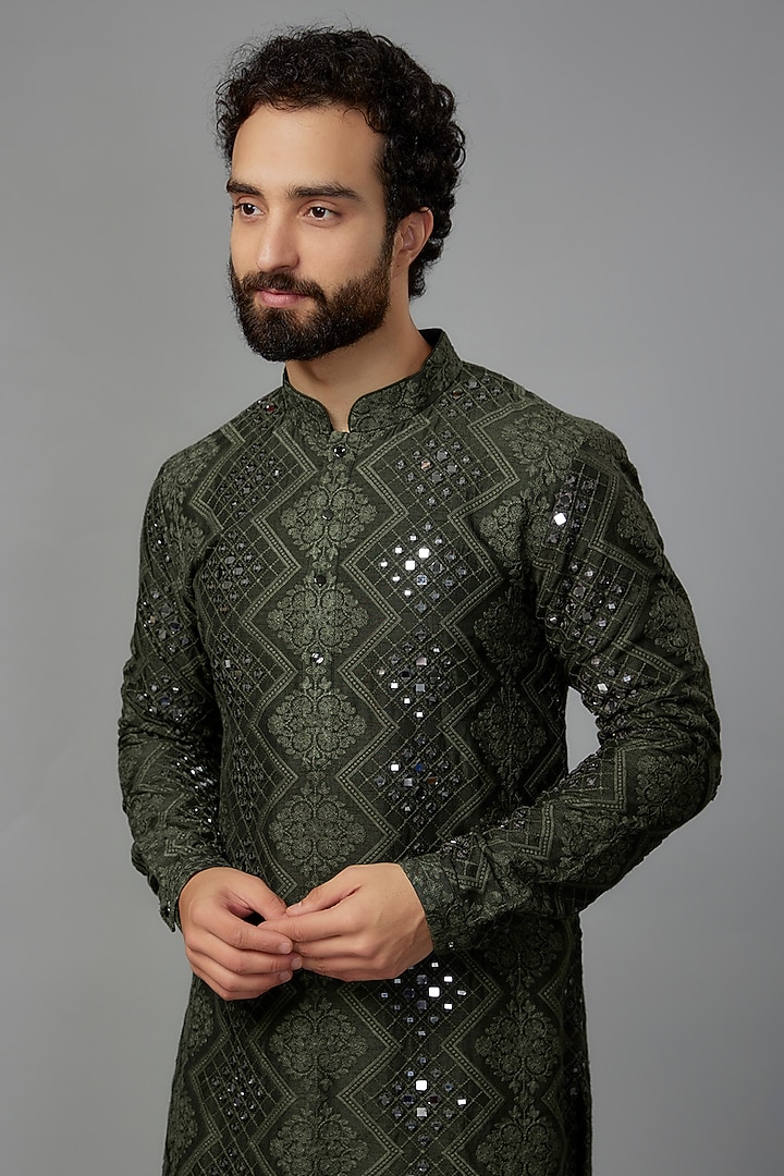 Mehendi Green Dola Silk Mirror Work Kurta Set by SALIL BHATIA at Pernia's Pop Up Shop