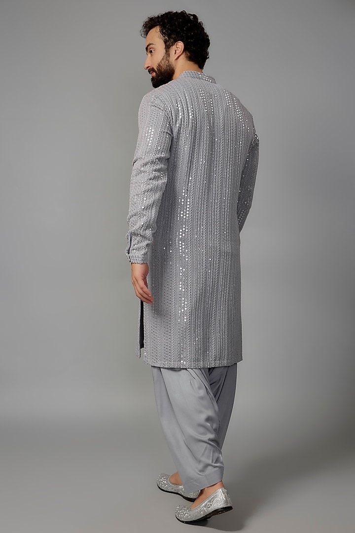 Greyish Blue Georgette Sequins Embellished Kurta Set by SALIL BHATIA at Pernia's Pop Up Shop
