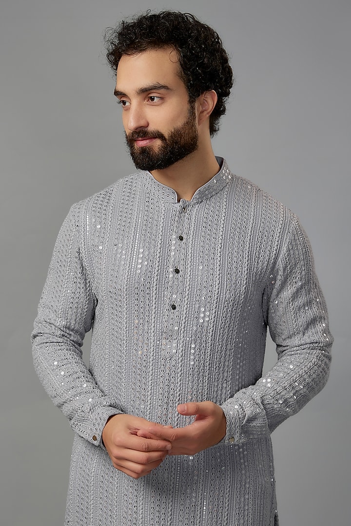 Greyish Blue Georgette Sequins Embellished Kurta Set by SALIL BHATIA at Pernia's Pop Up Shop