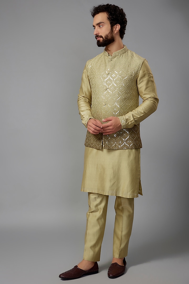 Moss Green Dola Silk Embroidered Nehru Jacket Set by SALIL BHATIA