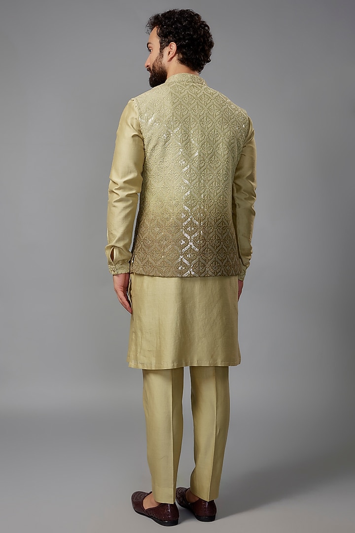 Moss Green Dola Silk Embroidered Nehru Jacket Set by SALIL BHATIA at Pernia's Pop Up Shop