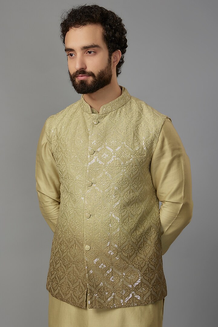 Moss Green Dola Silk Embroidered Nehru Jacket Set by SALIL BHATIA at Pernia's Pop Up Shop