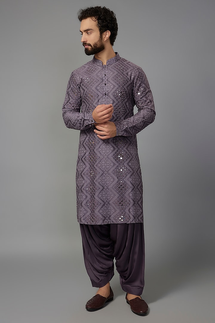 Plum Dola Silk Mirror Work Kurta Set by SALIL BHATIA