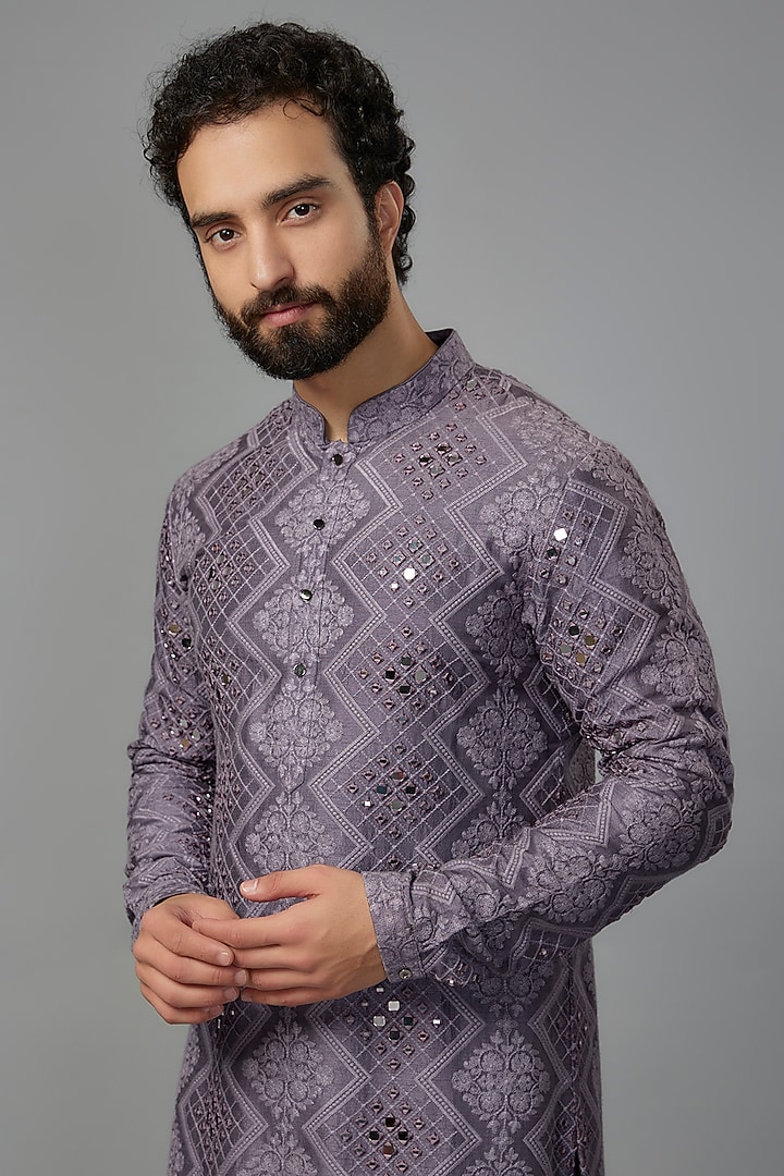 Plum Dola Silk Mirror Work Kurta Set by SALIL BHATIA at Pernia's Pop Up Shop